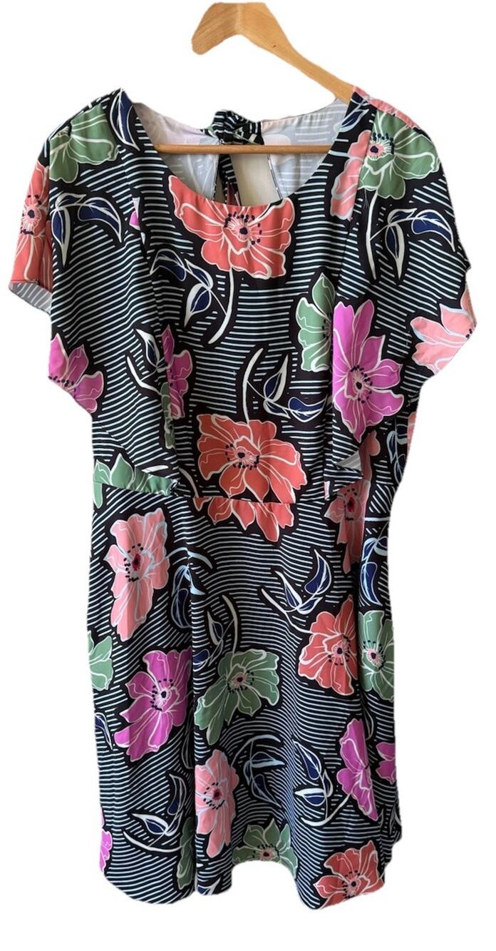 ELOQUII Midi Tie Neck Dress Womens Size 16 Ruffle Sleeve Floral Zip Fit +Flare